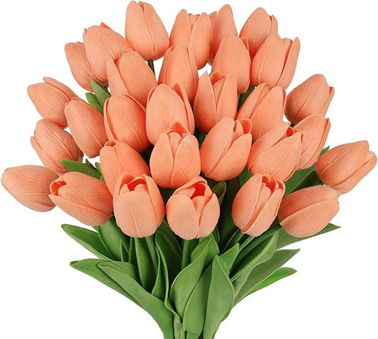 MACTING 30PCS Artificial Tulip Flowers Real Touch Fake Tulips Spring Faux Flowers for DIY Bouquet Floral Arrangements Table Centerpieces Kitchen Dining Room Home Mothers Day Decor(Light Orange)