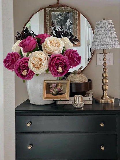 YalzoneMet 3.5'' Big Bloom Fuchsia Red Rose Artificial Flowers 4Pcs Real Touch Purple Rose Faux 17.7'' Long Stem Austen Roses Peonies Fake Flowers for Home Kitchen Party Christmas Flower Wedding Decor