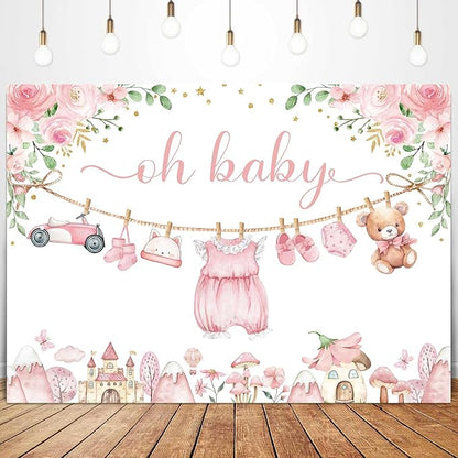 Sensfun Cute Clothes Baby Shower Backdrop for Girls Oh Baby Girl Newborn Pink Floral Eucalyptus Leaves Adventure Baby Shower Party Decorations Banner Supplies Photo Booth Studio Props 8x6ft