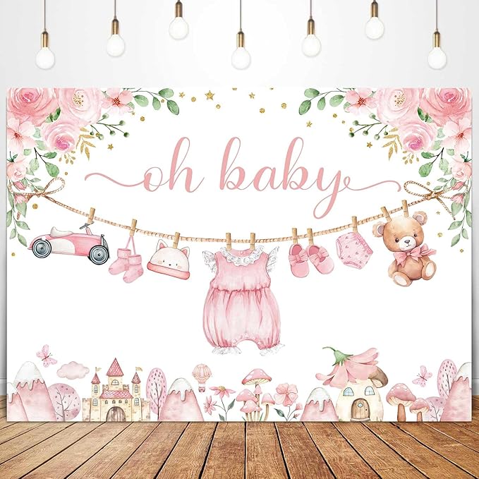 Sensfun Cute Clothes Baby Shower Backdrop Oh Baby Girl Pink Floral Adventure Photography Background It's A Girl Baby Shower Party Decorations Banner Supplies Photo Booth Props 7x5ft