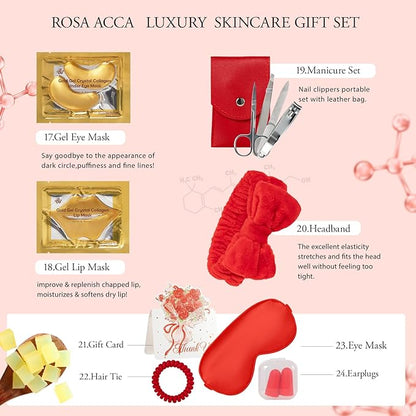 Christmas Gifts for Women, Red Rose 32 Pcs Facial Skin Care Set, Luxury Bath and Body Gifts, Spa Set & Self-Care Gifts, Lip Gloss, Face Sheet Mask, Serum, Present, Birthday, Valentines, Mother Day