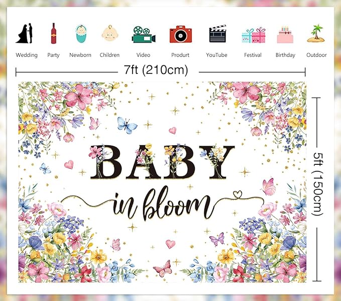 Baby in Bloom Backdrop Wildflower Baby Shower Party Photography Background Spring Floral Gold Glitter Butterfly Banner for Girls Baby Shower Newborn Birthday Party Decorations (82x59 inch (7x5FT))
