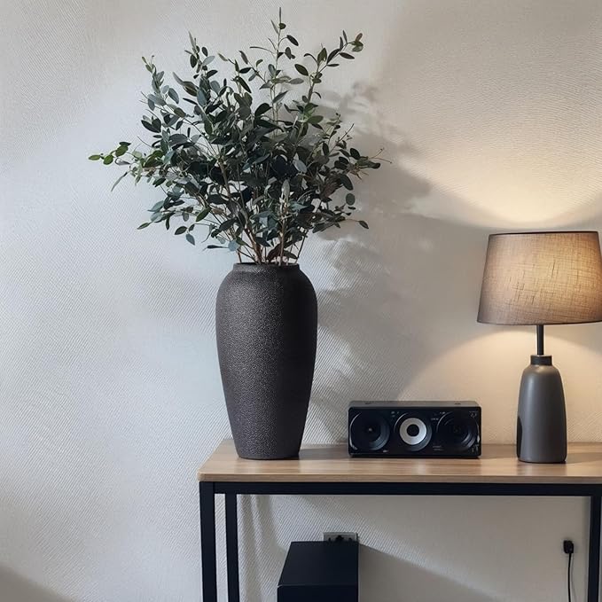 Rustic Ceramic Vase – 13.8" Large Black Ceramic Vase for Home Decor, Modern Terracotta Floor Vase for Living Room, Entryway, Kitchen, Black Vases for Centerpieces, Housewarming Gifts