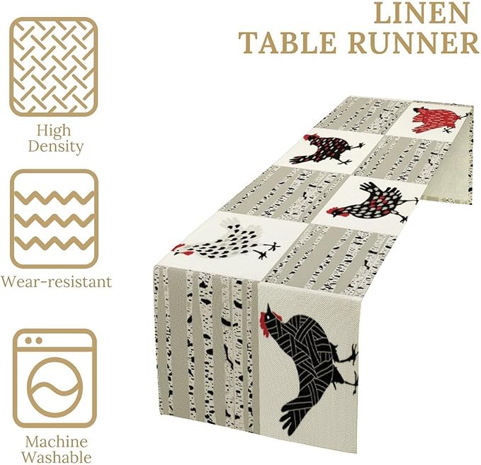 Farmhouse Rooster Table Runner, Rustic Farm Animals Funny Chicken Dinner Runner for Country Farmhouse Home Kitchen Dinner Table Party Decoration 13x70in