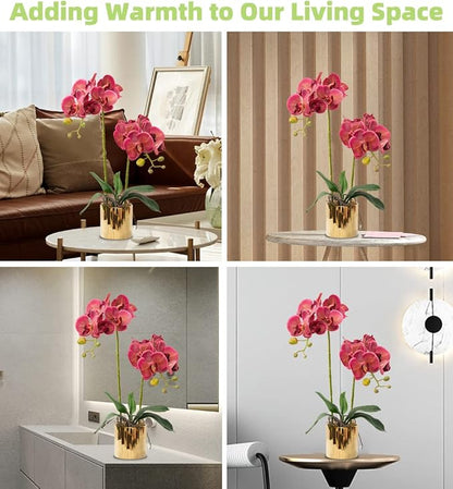 Artificial Orchid Flowers Fuchsia Faux Orchids with Ceramic Vase Vivid Fake Phalaenopsis Flower Arrangement Gorgeous Artificial Plants for Office Desk Wedding Party Exhibition Center&Home Table Decor