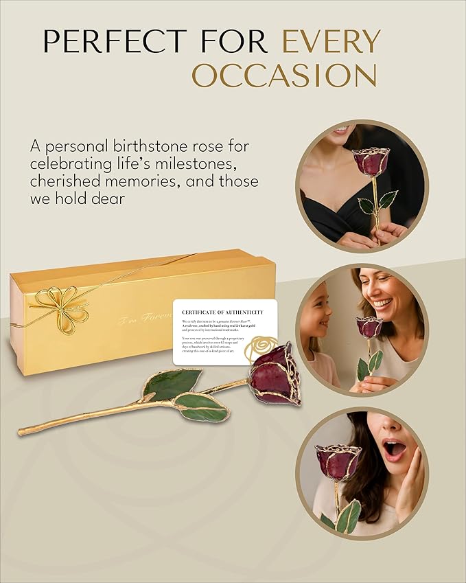 Forever Rose Hand-Dipped in 24K Gold, Garnet-Inspired January Birthstone with Sparkles, Real Rose in Luxury Gold Gift Box – Perfect Ready to Gift for January Birthday or Any Occasion