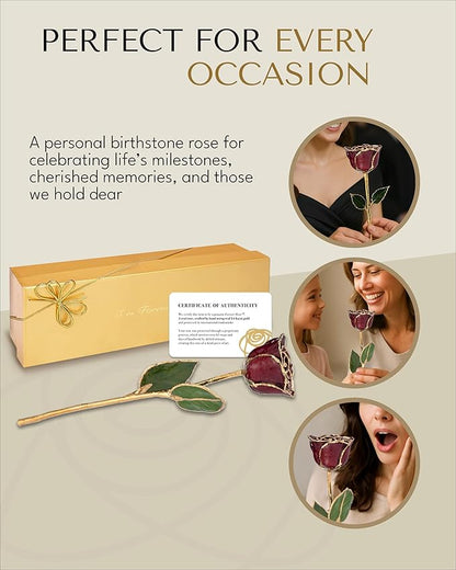 Forever Rose Hand-Dipped in 24K Gold, Garnet-Inspired January Birthstone with Sparkles, Real Rose in Luxury Gold Gift Box – Perfect Ready to Gift for January Birthday or Any Occasion