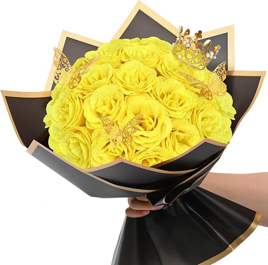 Waipfaru Glitter Roses Bouquet, DIY Fake Flowers Bouquet, Yellow Artificial Flower for Mothers Day Gifts, Valentines, Anniversary, Engagement, Wedding, 24 Pcs