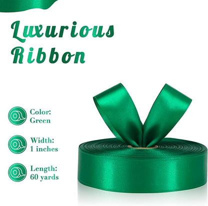 Green Ribbon 1 Inch 60 Yards, Green Satin Ribbon for Flower Bouquet, Graduation Lei, Crafts, Gift Wrapping, Baby Shower, Christmas and Wedding Decorations