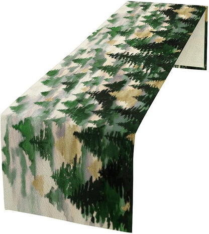 Watercolor Green Pine Trees Table Runner, Forest Woodland Tabletop Scarf Home Kitchen Holiday Decor, Seasonal Farmhouse Rustic Dining Decorations Party Supply 13 X 36 Inch