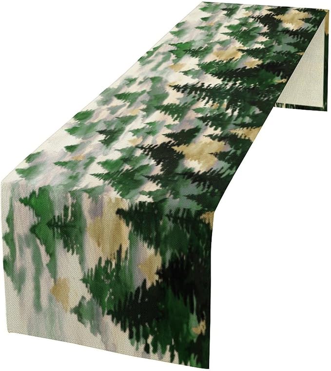 Watercolor Green Pine Trees Table Runner, Forest Woodland Tabletop Scarf Home Kitchen Holiday Decor, Seasonal Farmhouse Rustic Dining Decorations Party Supply 13 X 60 Inch