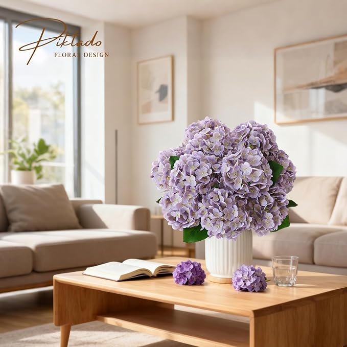 2 Bunchs 21in,Light Purple Real Touch Hydrangea Artificial Flowers,with 10pcs Flower Heads 20pcs Green Leaves, Faux Hydrangea Flowers,for Home Office Decor Wedding Party Arrangements
