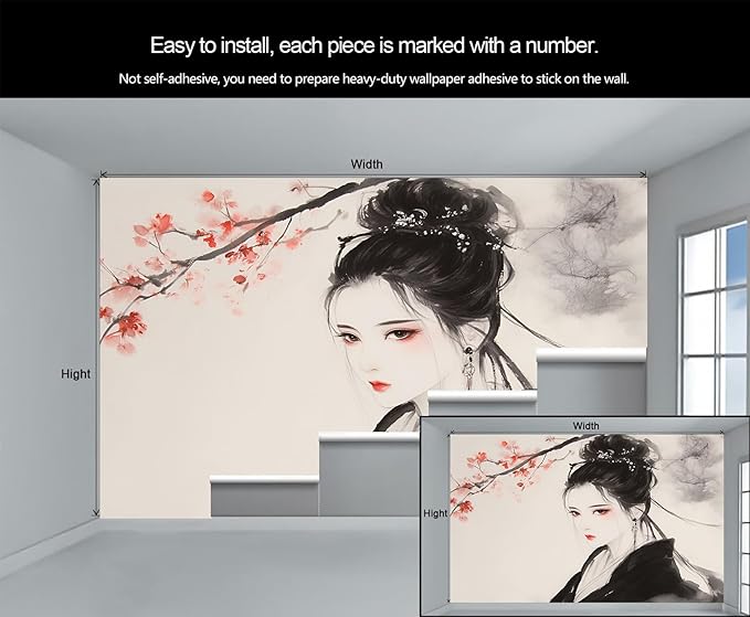 Asian Woman Wall Mural, Oriental Japanese Woman 3D Wall Murals, Ink Style Art Wallpaper Mural, for Living Room Bedroom Large Wallpaper Indoor Decor 118" W x 82.6 "H