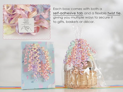 HUIHUANG Pastel Bows for Gift Wrapping 7" Pastel Rainbow Curly Gift Bow Self Adhesive & Twist Tie Ribbon Bows for Presents Gifts Easter Baskets Baby Shower Party Favors- 6 Counts