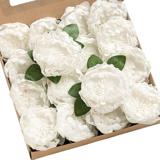Ling's moment Flowers 16pcs White Blooming Peonies Artificial Flowers with Stem, Artificial Peony Flowers for DIY Wedding Decorations Centerpieces Bouquets Boutonnieres