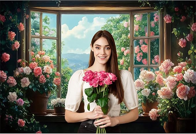Baocicco 9x6ft Flowers Windowsill Photography Background Spring Floral Retro Oil Painting Photo Backdrop for Valentines Mothers Day Birthday Wedding Party Decorations Girls Women Portraits