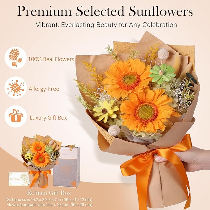 Forever Flowers for Delivery - Preserved Sunflowers Bouquet, Real Sunflowers That Last 3 Years, Eternal flowers Bouquet for Her Mother Mom Wife Friends Birthday Gifts for Women