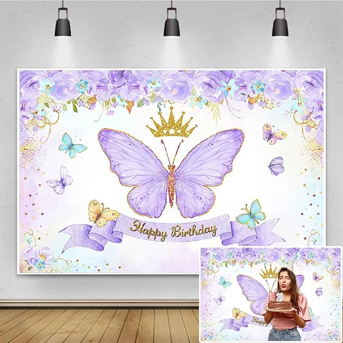 Renaiss 10x8ft Happy Birthday Backdrop Purple Butterfly Flowers Gold Crown Photography Background Daughter Girl Princess Birthday Party Decor Dessert Table Banner Portrait Selfie Group Photo Props