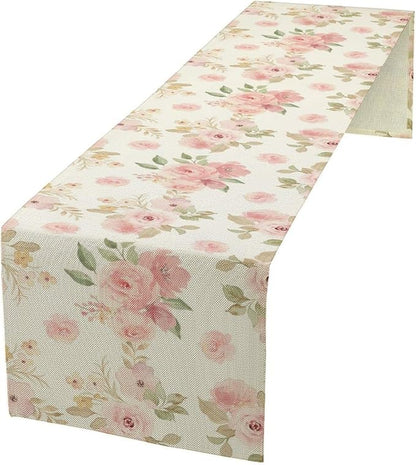Vintage Rose Table Runner, Watercolor Romantic Pink Floral Blossoms Table Runner for Kitchen Dining Holiday Party Home Decor, 13x120 Inch