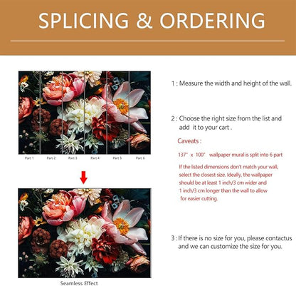 Dark Floral Wallpaper Peel and Stick Large Peony Flower Self Adhesive Wall Mural for Bedroom 137"x100"