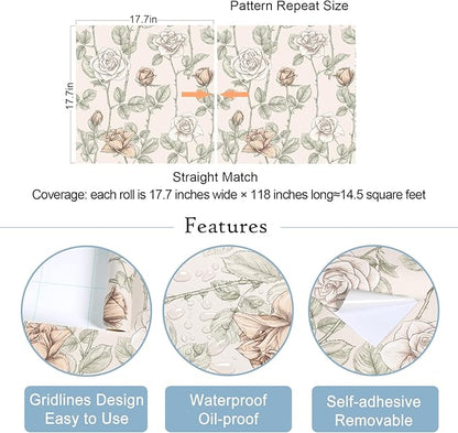 VaryStyle Vintage Beige Floral Wallpaper Elegant Rose Branches Flower Peel and Stick Wallpaper for Bedroom Bathroom 17.7"x118" Self Adhesive Waterproof Vinyl Beige Contact Paper for Cabinets Drawers