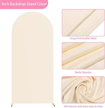 Putros 6ft Metal Arch Stand with Cover Beige Spandex Fitted Wedding Arch Cover and Round Top Chiara Backdrop Stand Set for Birthday Party Baby Shower Decoration