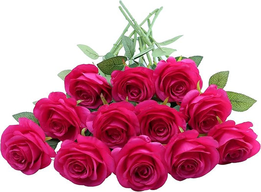 Artificial Rose Flower Artificial Flowers Flower with Long Stem Silk Roses Bouquet for Wedding Bridal Shower Party Home Decoration (Hot Pink, 30 Pcs)