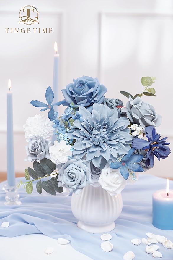 TINGE TIME Artificial Flowers Dusty Blue Flower Combo for DIY Wedding Bouquets Table Centerpieces Arrangements Party Baby Shower Home Decorations
