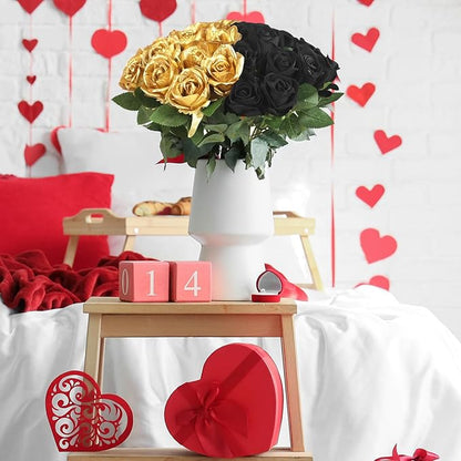 30pcs Fake Roses Artificial Silk Flowers Long Stems Bouquet for Wedding Bridal Shower Party Home Decoration (Black + Gold)