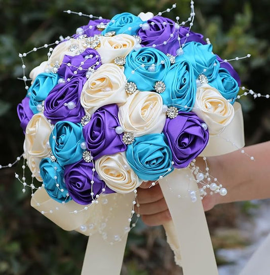 Bridal Wedding Bouquet Round Bling Brooch Bouquet Throw Toss Artificial Rose Flower Bunch for Bride Bridesmaid Wedding Quinceanera(Teal Blue, Purple & Cream, 8.7")
