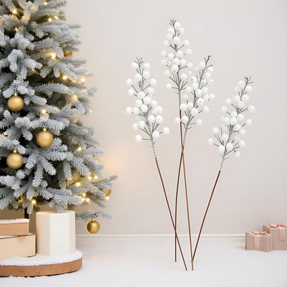 24Pack Christmas Picks Glitter Berries Stems Artificial White Berry Branches Holly Picks Stems Christmas Tree Ornaments for DIY Xmas Wreath Crafts Gifts Holiday Home Decor (White)