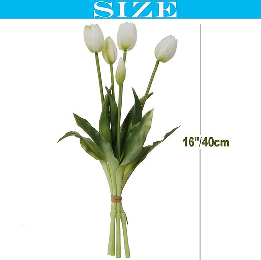 20pcs Artificial Tulip Flowers,16 Inch Real Touch Tulip Stems with Faux Leaves, Faux Tulips and Buds for Home Décor Centerpiece Ornament Wedding Bouquet,White