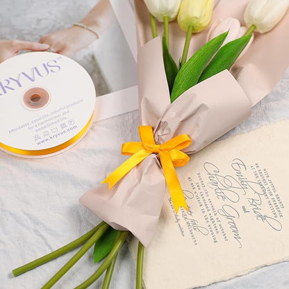 Yellow Gold Satin Ribbon, Double Faced 1/2 Inch X 50 Yards Yellow Gold Ribbon, Premium Satin Ribbon for Gift Wrapping, Crafts, Hair Bow Making, Sewing, Flower Bouquet, Wedding Party Decor