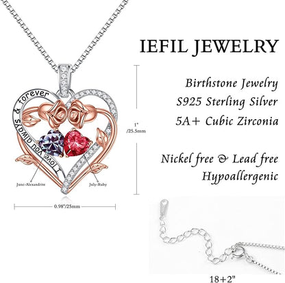 Iefil Rose Heart Double Birthstone Necklace Gifts for Wife Her Mom Women, Birthstone Jewelry Gemstone Birthday Gifts for Girlfriend Grandma Her Wife Women