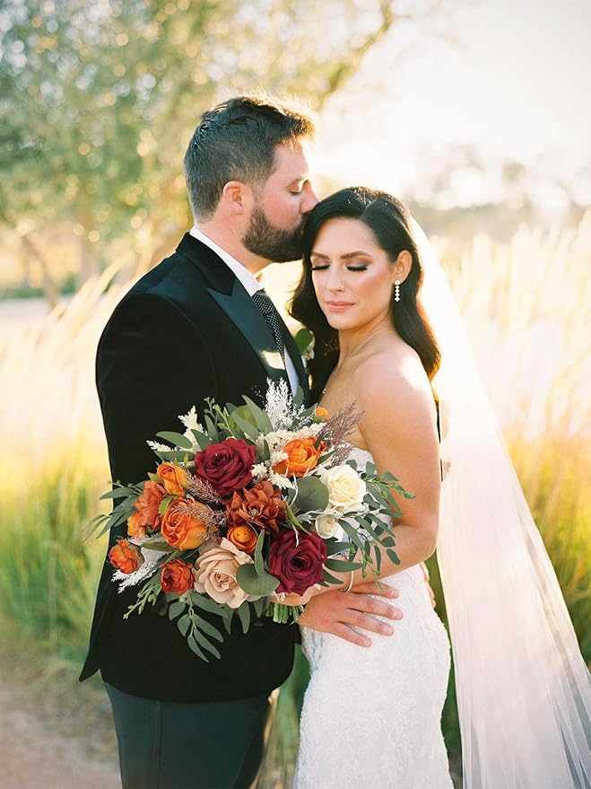 Rinlong 16 Inch Wedding Bouquets for Bride Fall Burgundy & Terracotta Roses, Dahlias, Peonies, Greenery Bouquet for Wedding, one, Boho