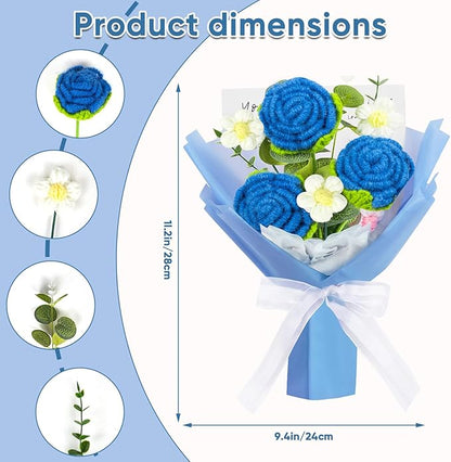 Crochet Rose Bouquet Crochet Flowers Bouquet Handmade Knitted Rose Flowers Present for Valentine's Day Wedding Anniversary Christmas New Year(Medium-Blue Rose)