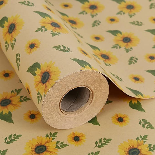 Aimyoo Kraft Floral Wrapping Paper Jumbo Roll, All Occasion Sunflower Flower Gift Wrap Paper for Wedding Bridal Shower Birthday, 17 in x 60 ft