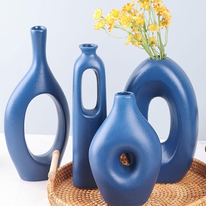 Blue Ceramic Vase Set of 4 - Round Hollow Boho Vases for Pampas Grass and Flowers Decor, Modern Minimalist Small Vases for Living Room, Bedroom, Fireplace, Coffee Table Decor and Centerpieces