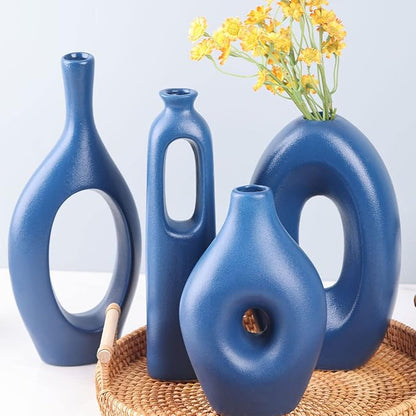 Blue Ceramic Vase Set of 4 - Round Hollow Boho Vases for Pampas Grass and Flowers Decor, Modern Minimalist Small Vases for Living Room, Bedroom, Fireplace, Coffee Table Decor and Centerpieces