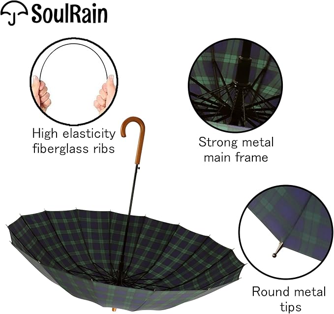 SoulRain 16 Ribs 48" Stick Umbrella Auto Open Solid Color Fashionable and Simple，Arc Classic Wood Handle，Windproof Unbreakable Stick Rain Umbrella