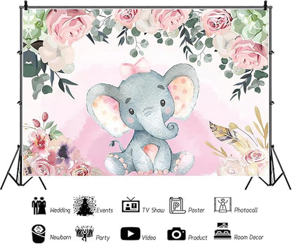 AOFOTO 10x6.5ft Pink Flowers Elephant Baby Shower Backdrop for Girl Sweet Floral Gender Reveal Background for Photography Kids Infant Birthday Party Banner Cake Table Decoration Photo Studio Props