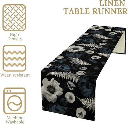 Vintage Floral Table Runner,Gothic Blue White Retro Floral Plant Print Table Runner for Home Kitchen Table Dining Indoor Outdoor Party Decor 13x120 Inch
