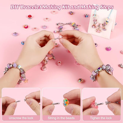 YJK Charm Bracelet Making Kit, 5-12 Year Old Girl Birthday Gifts, 133 Pcs DIY Beaded Jewelry Making Kit with Jewelry Box, Creative Crafts for Girls, Charm Necklace Making kit for Girls (Purple & Pink)