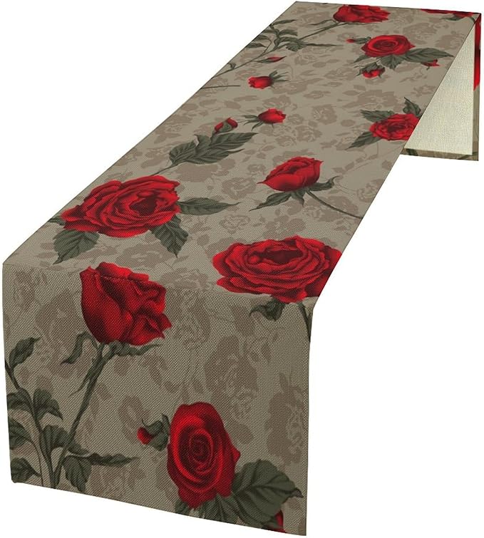 Red Rose Print Table Runner, Romantic Vintage Rose Spring Summer Dinner Runner Table Decoration for Home Kitchen Dining Holiday Wedding Party 13x90in