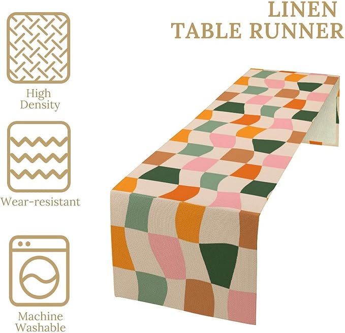 Hippie Table Runner, Vintage Geometric Square Orange Green Pink Grid 60s 70s Style Kitchen Dining Room Decor for Indoor Outdoor Wedding Party Table Runner 13x108 Inch