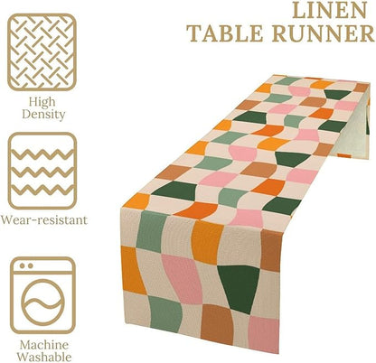 Hippie Table Runner, Vintage Geometric Square Orange Green Pink Grid 60s 70s Style Kitchen Dining Room Decor for Indoor Outdoor Wedding Party Table Runner 13x36 Inch