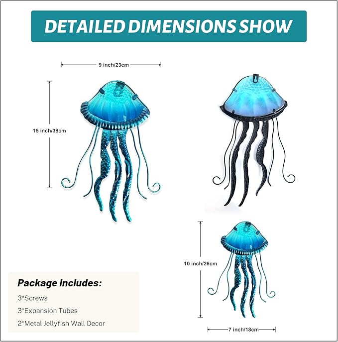 LIFFY Metal Jellyfish Wall Decor Beach Ocean Nautical Tropical Fish Wall Art Home Hanging Decor Glass Metal Fish Wall Decor for Pool, Beach, Patio, Garden,Home(15inch, 10inch)