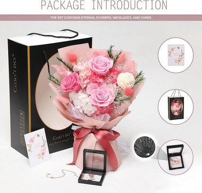 Preserved Flowers for Delivery, Pink Flower Bouquets with Necklace, Forever Real Roses Anniversary Birthday Gifts for Women Mom Wife Girlfriend, Fresh Flowers for Valentines Day Christmas