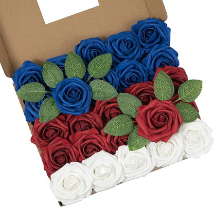 DuHouse 25Pcs Artificial Roses Flowers Fake Rose with Stems Real Touch Foam Flowers for DIY Wedding Bouquet Baby Shower Centerpiece Floral Arrangement Party Home Decor(Blue White Red)