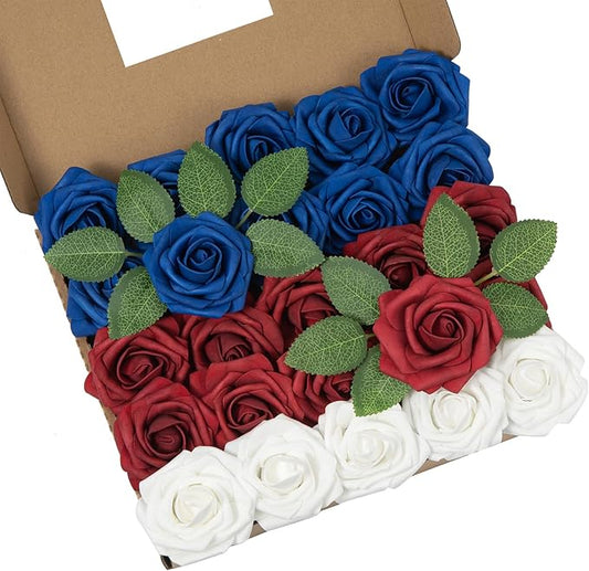 DuHouse 25Pcs Artificial Roses Flowers Fake Rose with Stems Real Touch Foam Flowers for DIY Wedding Bouquet Baby Shower Centerpiece Floral Arrangement Party Home Decor(Blue White Red)